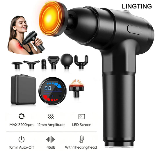 LINGTENGHeating massage gun, deep tissue massage gun, back and neck massager, muscle percussion massager, silent fascia gun, handheld massager, 7 massage heads, comes with a storage case, Christmas gift, birthday gift, sports